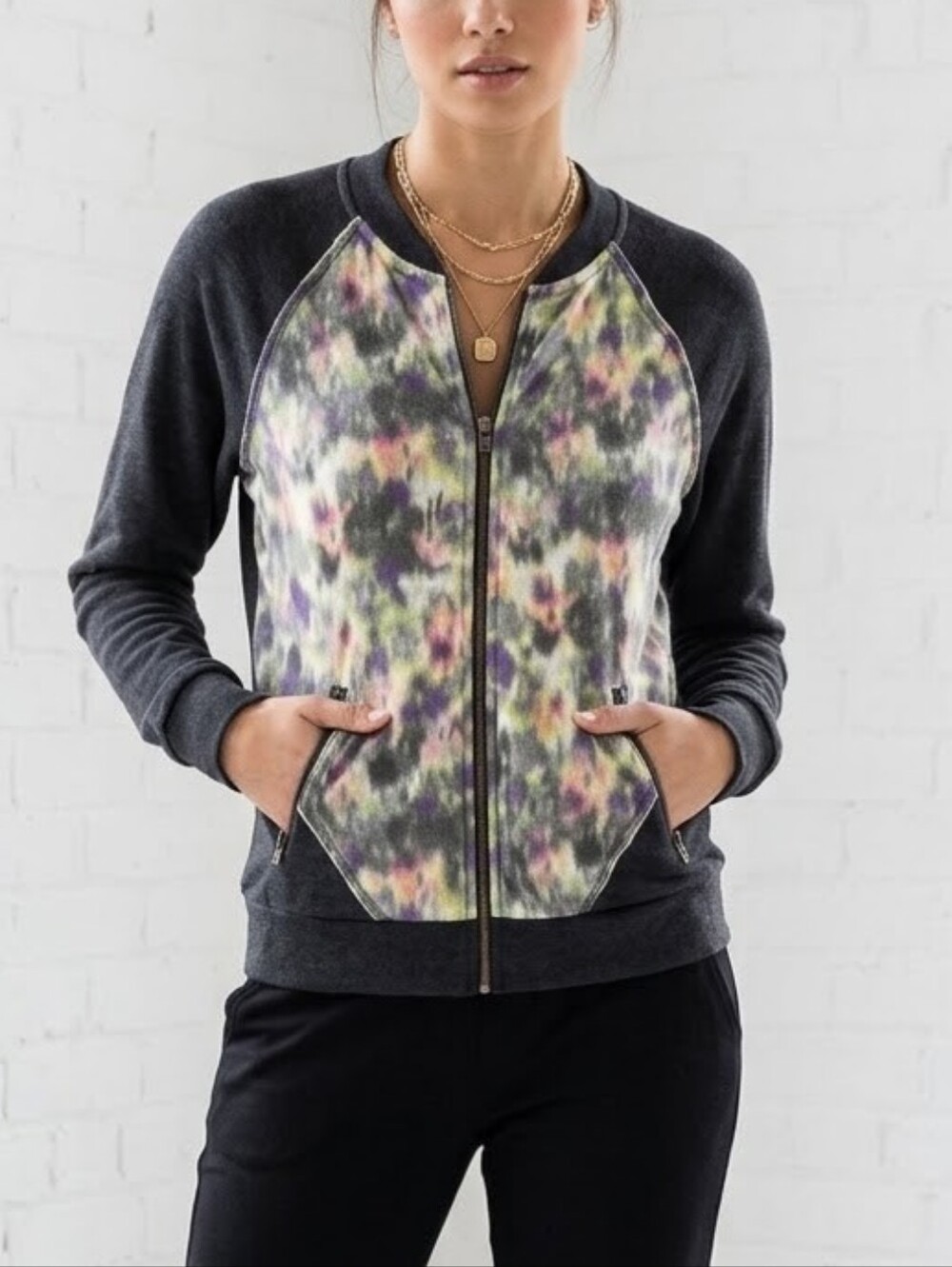 kensie Black Bomber Jacket with Multicolor Front Panel